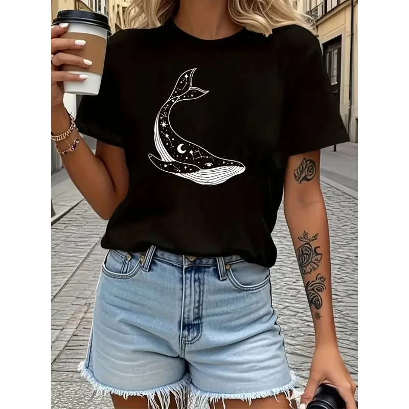 Celestial Whale Print T-Shirt Starry Moon Constellation Design Women's Casual Crew Neck Short Sleeve Tee for Summer Daily Wear