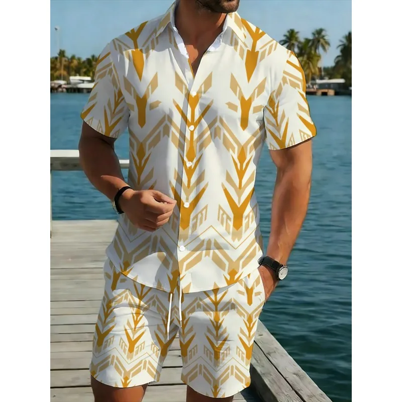 Conjunto de Camiseta de Manga Corta y Pantalones Cortos de Poliéster de Secado Rápido para Hombre, Estampado Geométrico Amarillo, Atuendo Casual de Playa para Vacaciones al Aire Libre