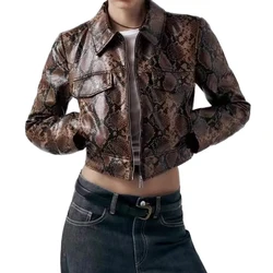 Women's new imitation leather coat long sleeve zipper snake print fashion casual top leather jacket