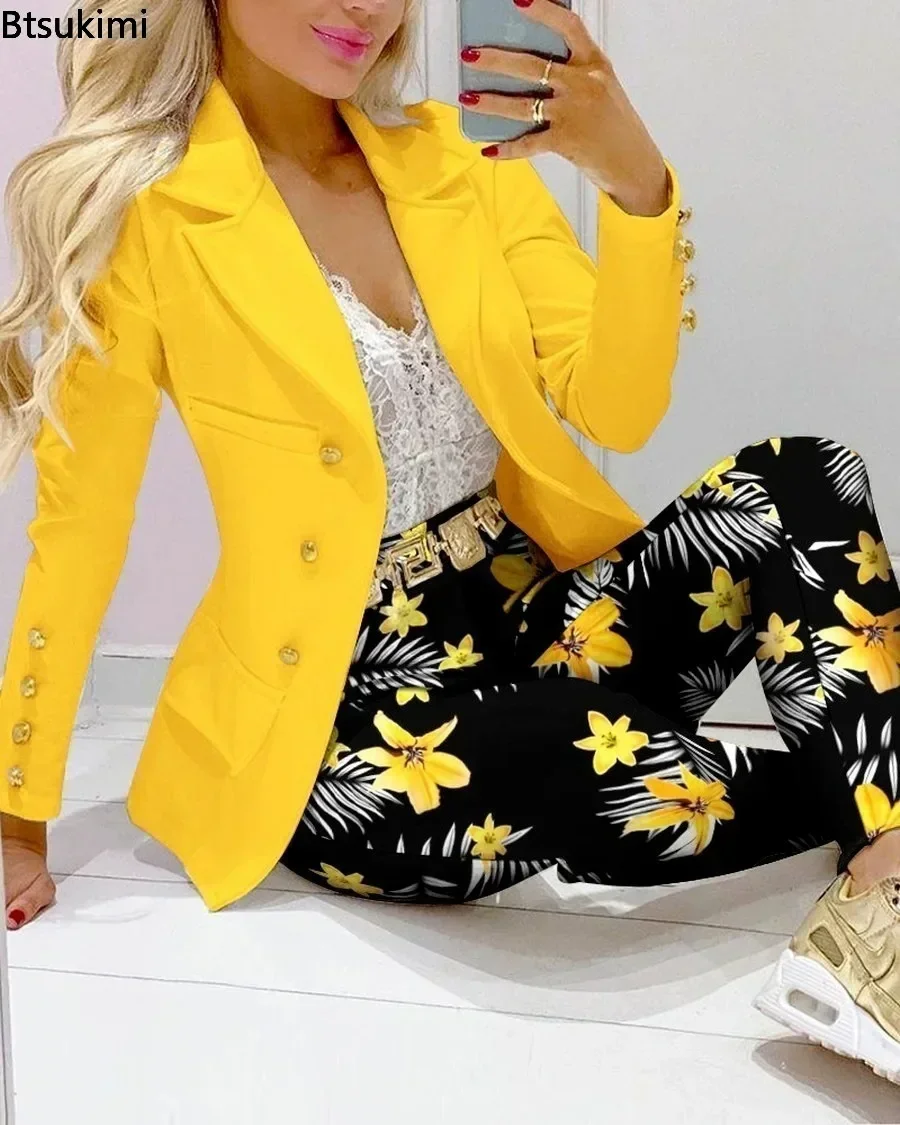 2024 Women Formal Jacket & Trousers Office Lady Outfits Autumn Women Two Pieces Set Print Blazer Coat & Pants Suit Sets Female