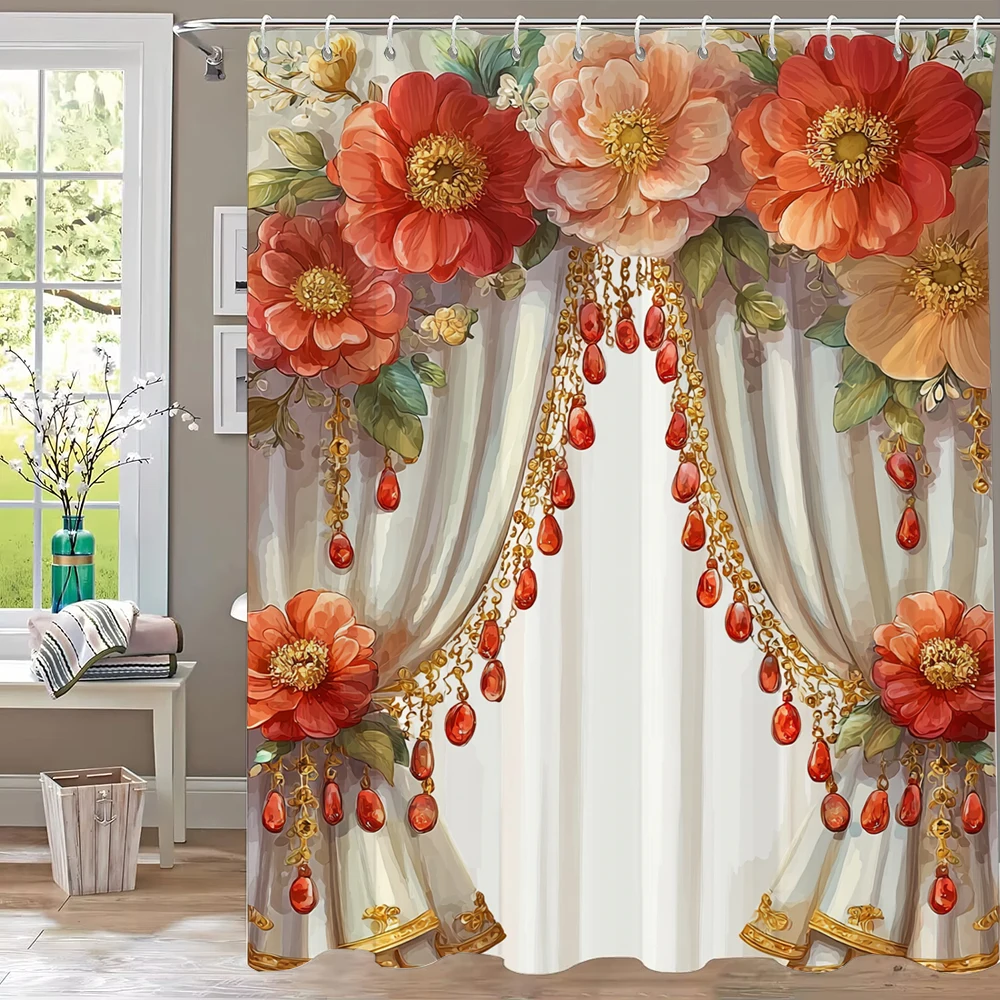 

1 Piece Imitation of European Flower style Shower Curtain, Bathroom Curtain with Hooks,Printed Polyester Home Decorative Curtain