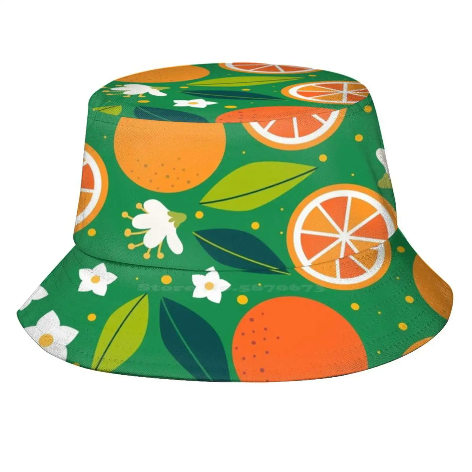 Citrus Vibes Sun Cap Fisherman Hat Bucket Hats Oranges Citrus Fruit Green Pattern Seamless Summer Garden Blossom Freshness