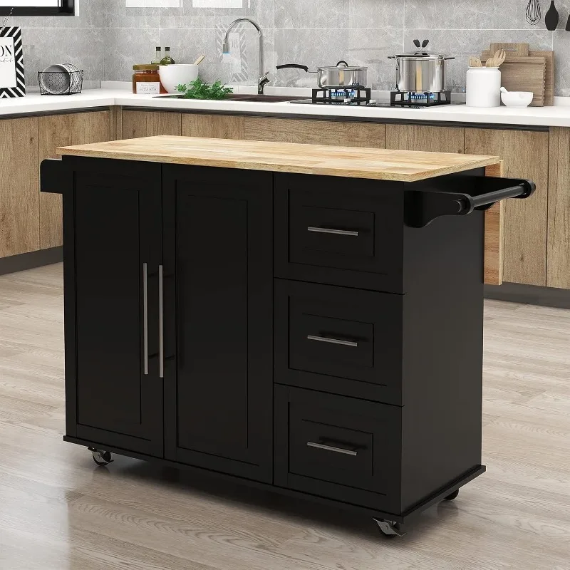 

Kitchen Island Cart on Wheels Drop-Leaf Rubber Wood Top，Storage Cabinet and Drawers Kitchen Trolley with Towel Rack &Bottle Rack