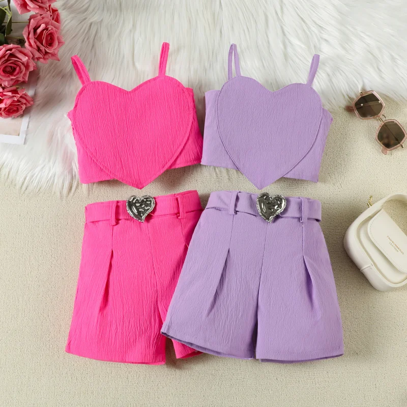 

Summer New Toddler Solid Color Strap Heart-shaped Vest Top Shorts Trendy Girls Set