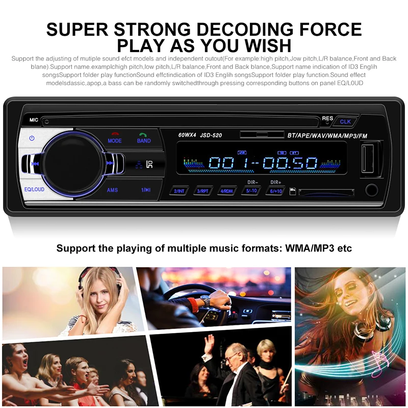 Portable 24V Digital Car MP3 Player 60Wx4 FM Radio Stereo Audio USB/SD Support bluetooth-compatible MP3/WMA Volume Control Clock