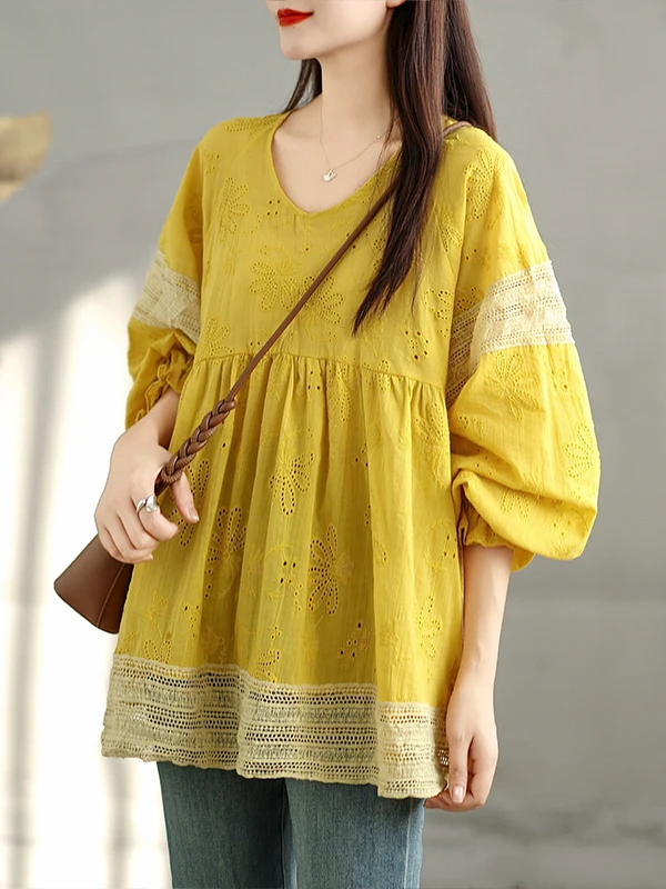 T-shirt patchwork in pizzo color sangue Lanterna da donna di grandi dimensioni Sve V-Ne che nasconde la pancia Bambola casual irt Autunno