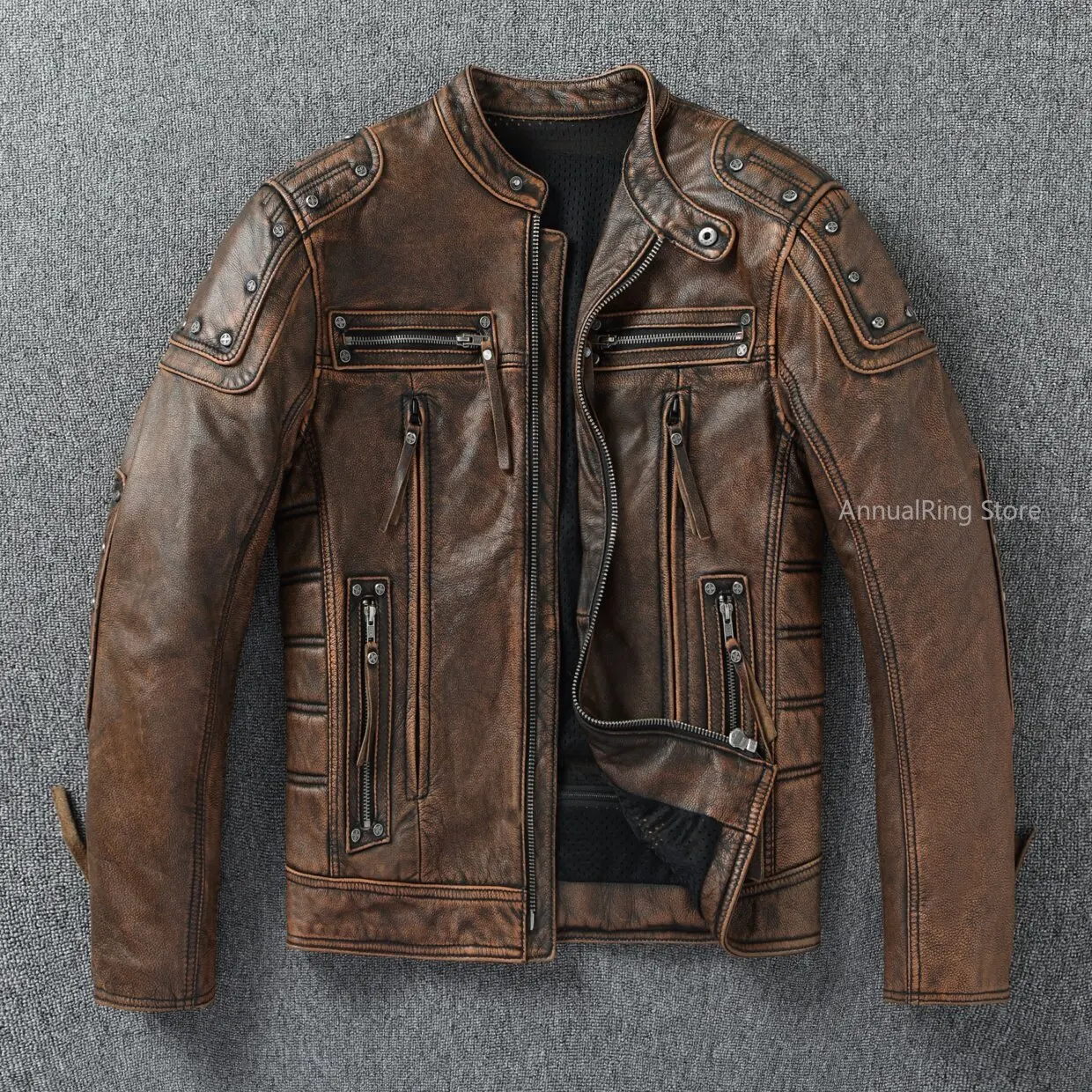 Motorcycle Gear For Men - Herren-Bikerjacke aus Vollnarbenleder mit Used-Look, Echte