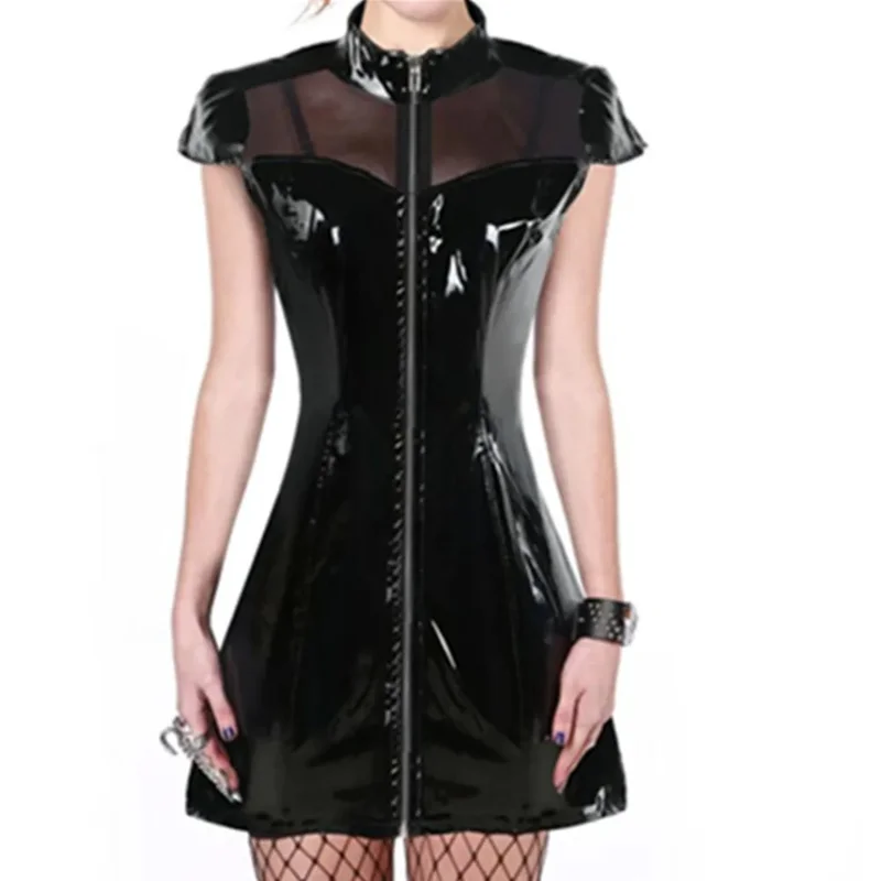 Sexy mesh see through vinyl PVC leather mini dress women slim wet look latex party dress clubwear uy5078