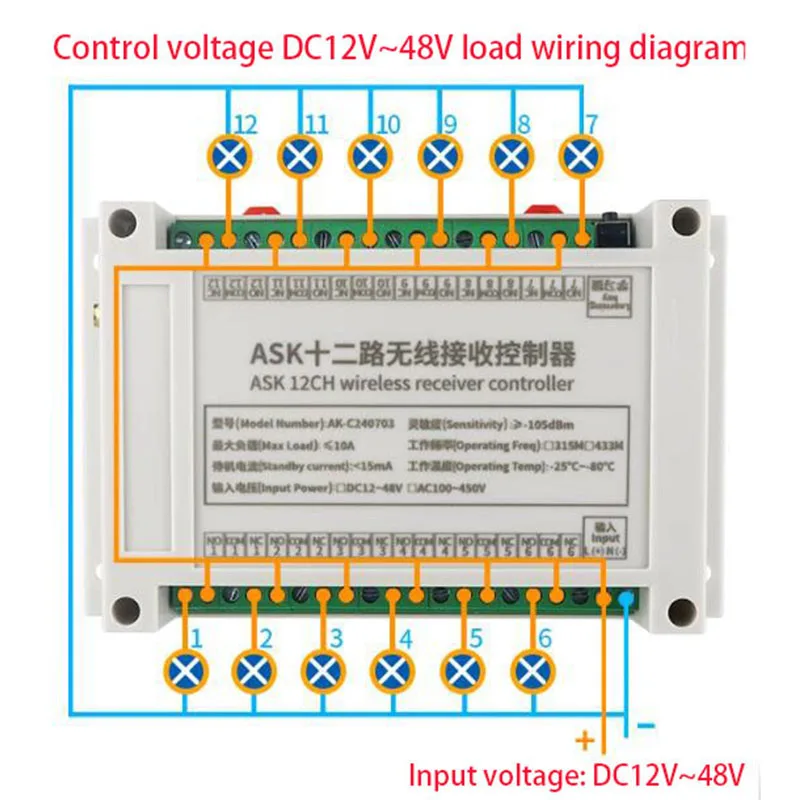Controlador de Radio Industrial DC 12V 24V 36V 48V 12CH, Control Remoto Inalámbrico RF, Receptor para Sistema de Grúa Pu
