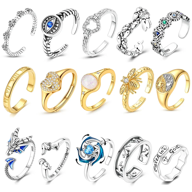 Original 925 Sterling Silber Ring mit Augenmotiv, Fisch, Biene, Drache, offene Ringe für Frauen und Mädchen, Schmuck, Geburtstag, Jahrestag, Verlobungsgeschenke