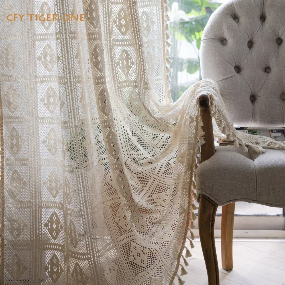 

American Crochet Plaid Window Curtains for Bedroom Sheer Curtain with Tassel Country Style Living Room Semi-shading Curtains