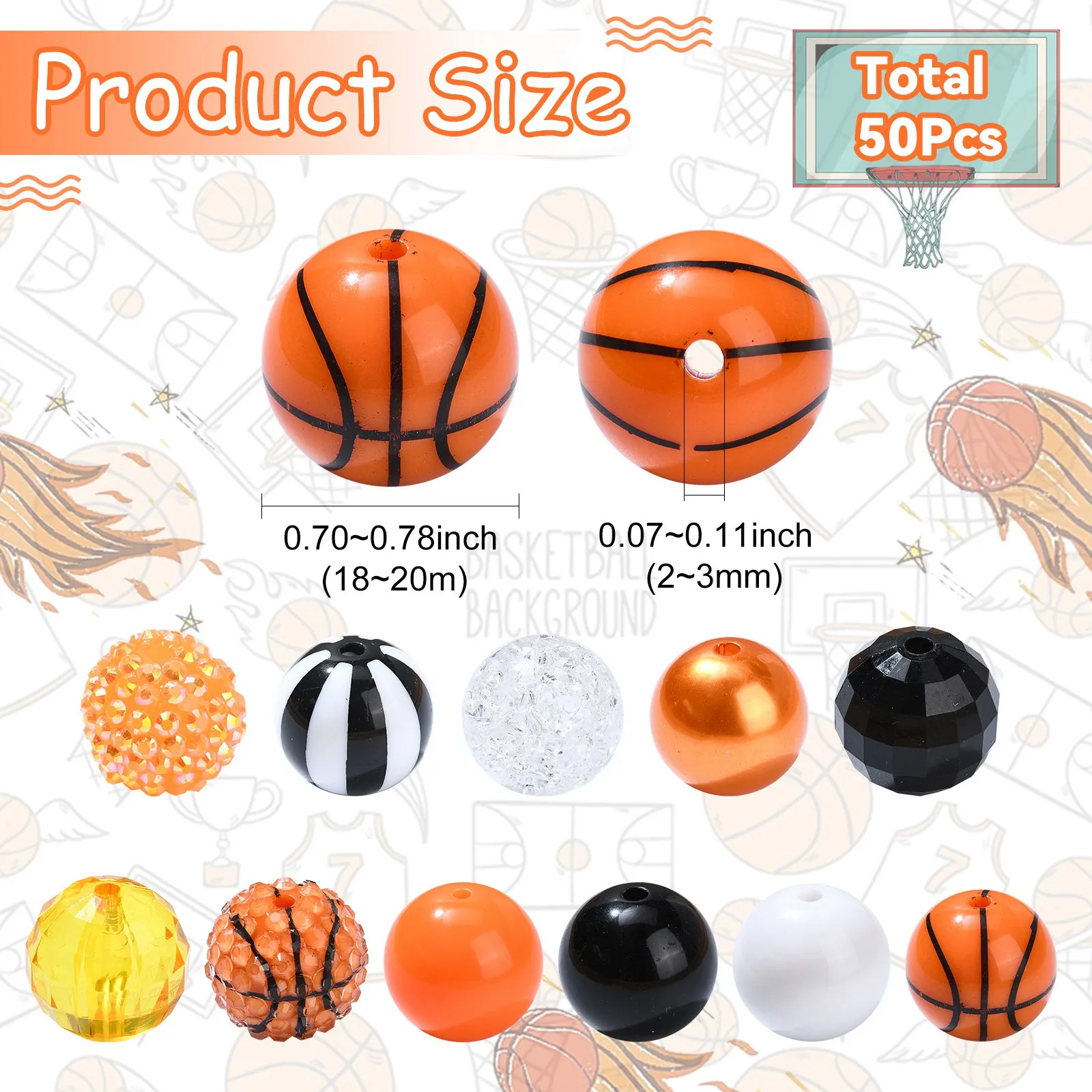 50Pcs Random 20mm Acrylic Bubblegum Beads Basketball Theme Gumball Beads Large Acrylic Round Beads for Craft Jewelry Making