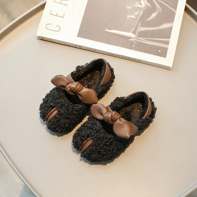 New Girls Cotton Shoes Winter Fluffy Children Plush Flat Shoes Warm Simple Kids Fashion Causal Shoes Sweet Bowtie Soft Bottom