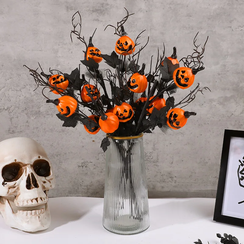 

Artificial Smiley Face Pumpkin Black Maple Leaf Branch Halloween Home Indoor Party Festive Atmosphere Decor Photography Prop