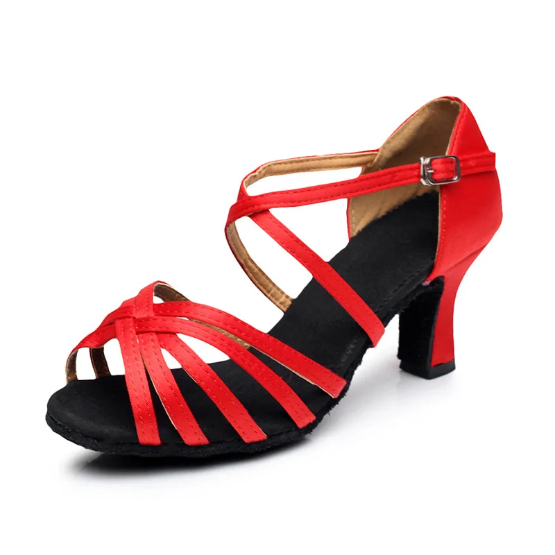 Zapatos de baile latino para mujer, zapatillas de deporte de satén PU para fiesta, fondo suave para mujer, zapatos de baile de salón de Jazz y Salsa, tacón de 5CM/ 7CM