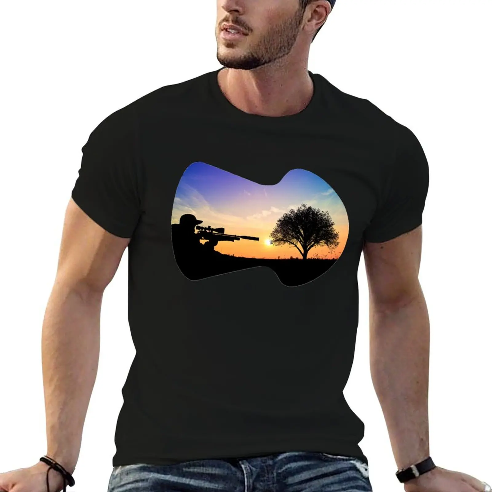 Sunset prone air gun sniper T-Shirt Modern Print Casual T-Shirt