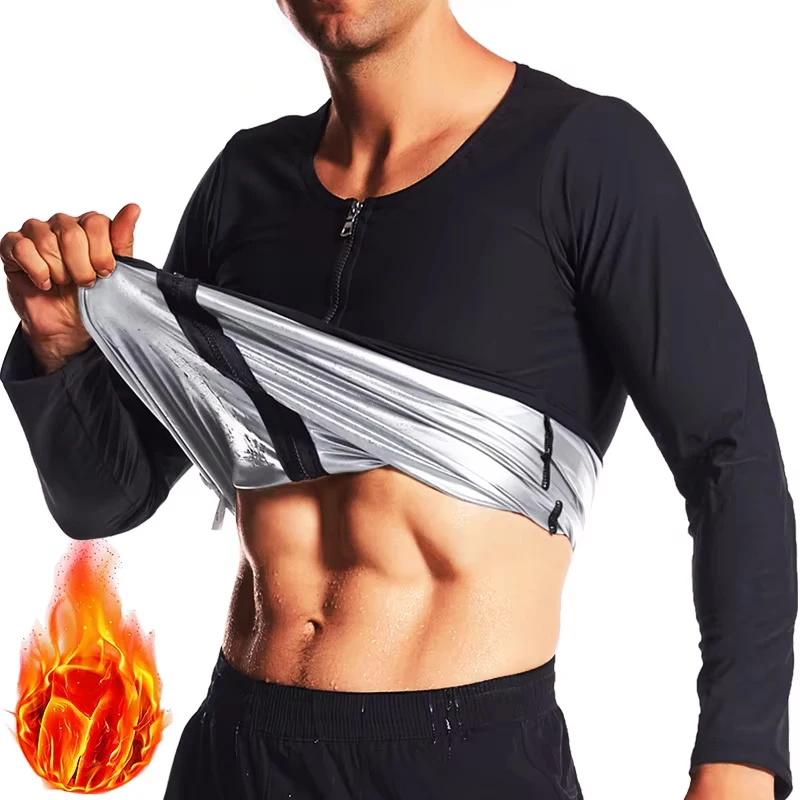 Men Long Sleeves Sauna Sweat Shirts Waist Trainer Shapewear Zipper Tops Thermo Slimming Workout Weight Loss Suits Shaper