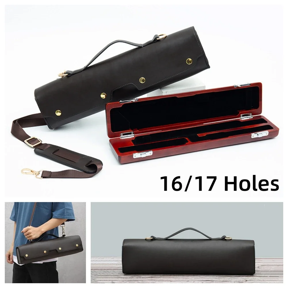 Portable 16 17 Holes Flute Case Cover PU Leather Flute Bag Wooden Box Flute Carrying Case Storage Box Lightweight Shoulder Bag