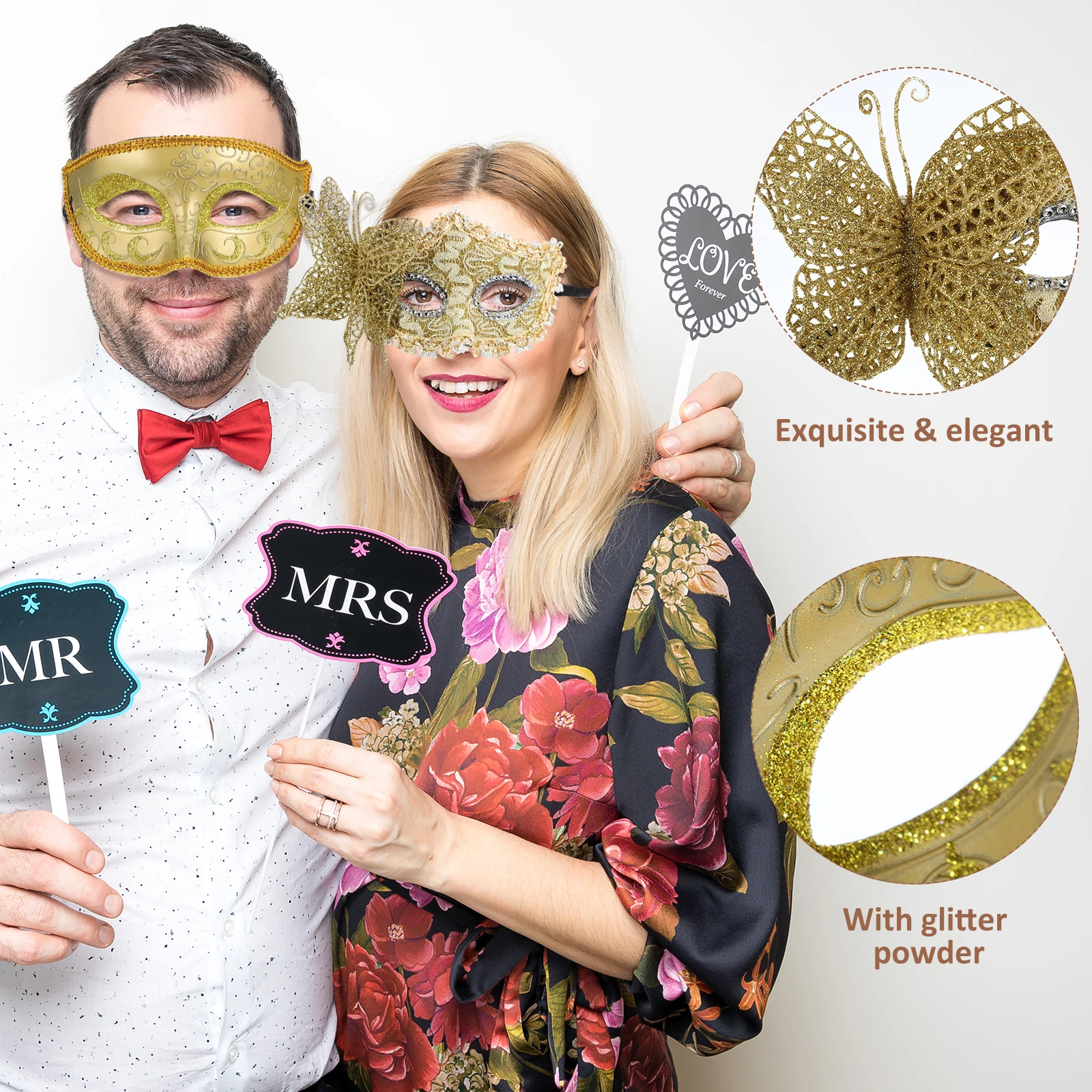 

2 pcs Masquerade Masks Couple Set Elegant Plastic Adult Masks Golden Yellow Patterns Carnival Festival Party Accessories Women