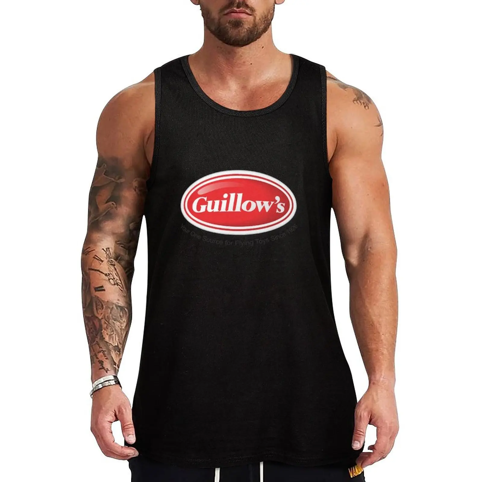 Camiseta sin mangas con logotipo Guillow, texto negro y sombra, camiseta sin mangas resistente al sudor, ropa de gimnasio que absorbe la humedad