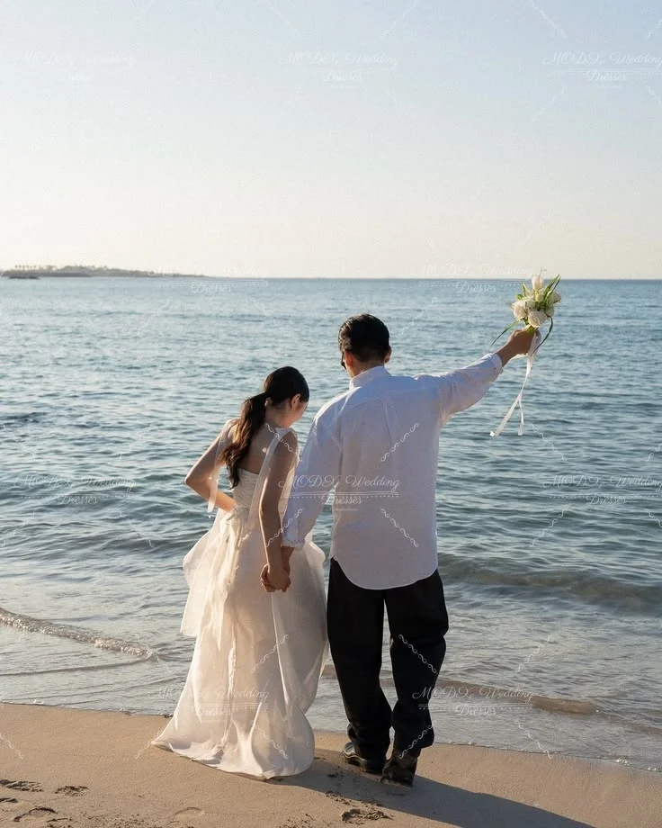 MODX Sweet Korean Wedding Dress Ivory Bow Strap Square Neck A Line Tulle Beach Floor Length Bridal Gowns Vestidos De Fiesta