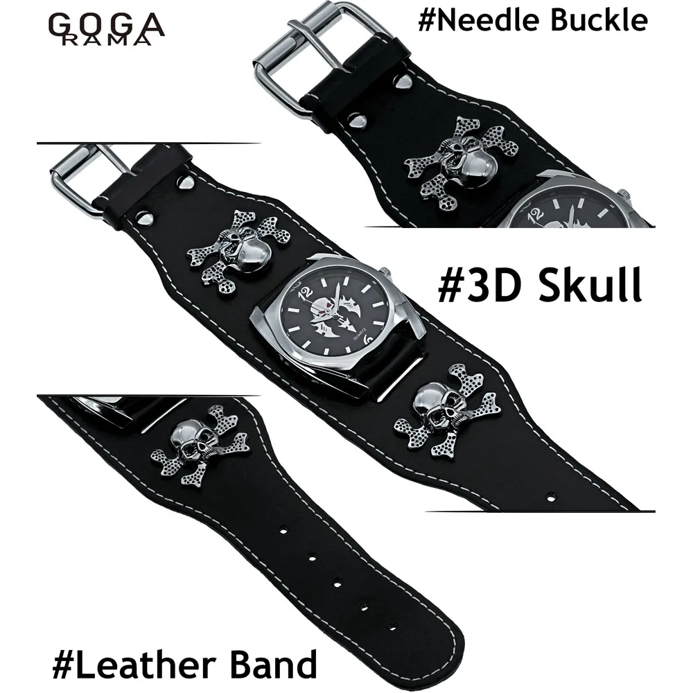 GOGARAMA-Relógio de Pulso Punk Masculino e Feminino, Pulseira de Couro Preto, Caveira 3D, Relógios de Quartzo, Aniversário, Natal, Halloween, Bons Presentes