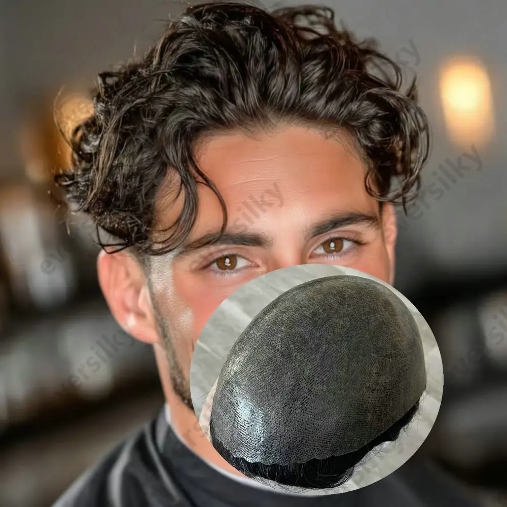 Männliche Haarprothese, 0,1 mm, Poly-Skin-Toupet, Echthaar-Perücken für Männer, Schwarz, Braun, Grau, Haarsystem, Männliche Haarprothese – Detail 5