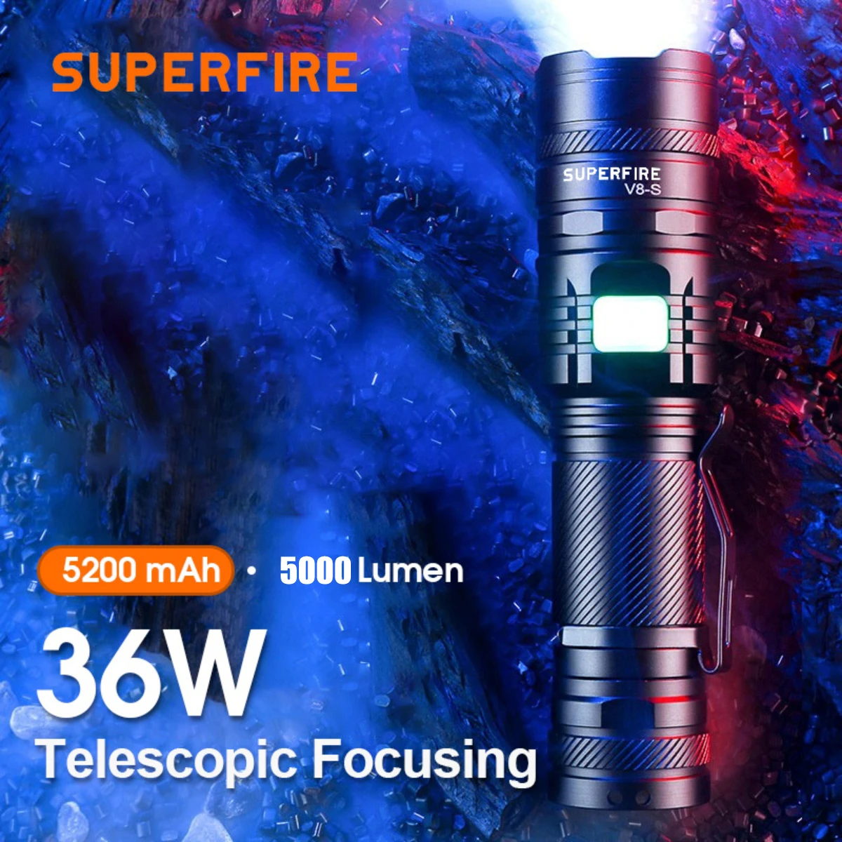 SUPERFIRE 36W Hochleistungs-LED Wasserdichte Taschenlampe mit Wick 26650 Akku Leistungsstarker Indikator USB-C Taktische Jagdbeleuchtung – Detail 9
