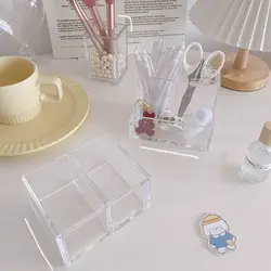 Acrylic Three Grid Pen Holder Transparent Storage Rack Large Capacity Pencil Rack Square Makeup Shelf Desktop Organizer