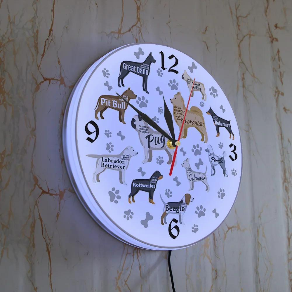 Dog Breeds Printed Wall Clock Dog Paws Dog Bones Puppy Dogs Modern Wall Watch Nursery Kid Room Wall Decor Animal Dog Lover Gift