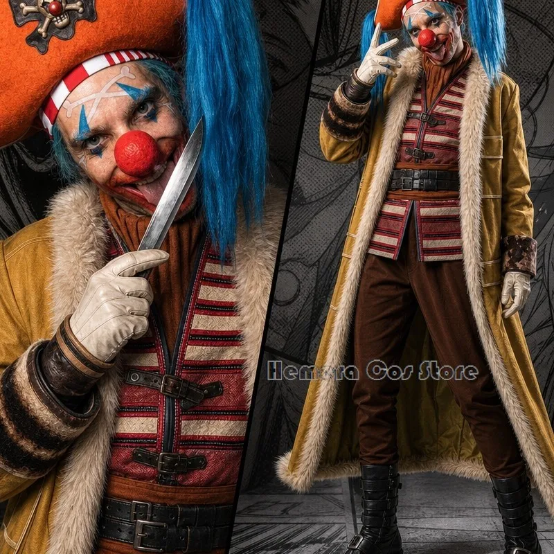 

Buggy the Clown Star Pirate Captain Full Carnival Costume – Cape + Hat + Red Nose + Scarf + Pants, Adult Halloween Cosplay Set