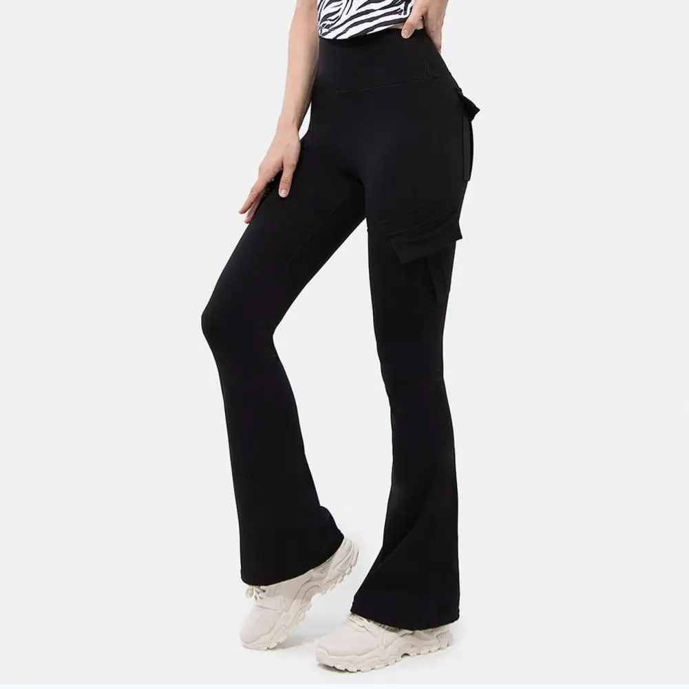 2026 Women Flared Pants Elastic High Waist Wide Leg Casual Trousers Flap Pockets Cargo Pants Daily Sporty Wide-leg Bottoms