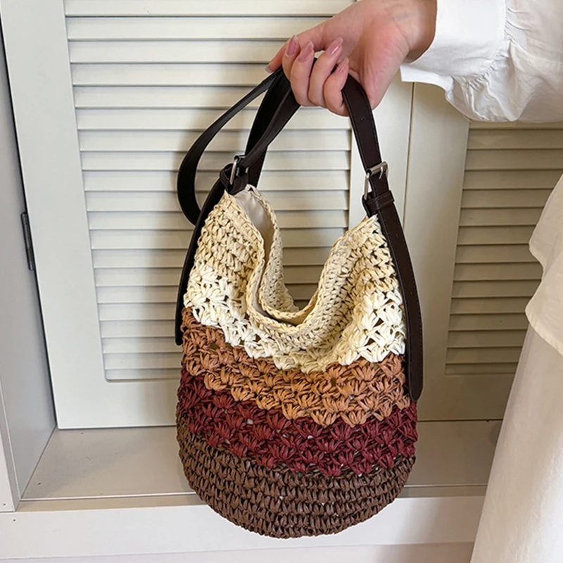 

Summer Straw Woven Shoulder Bag,Handmade Striped Color-blocked Women Bucket Bag,Large Capacity Crossbody Bag For Beach Vacation