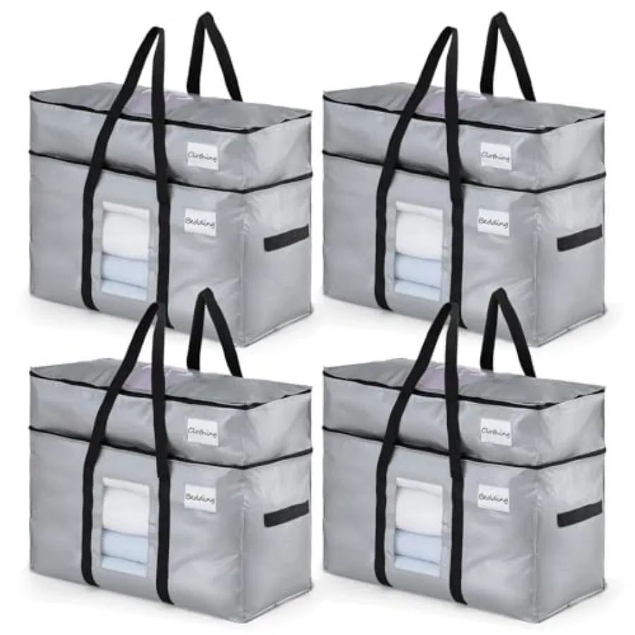 

2 Tier Extra Large Moving Bags 4 Pack Silver Heavy Duty Totes for Storage with Visible Window Wrap Around Handles Storage Bags
