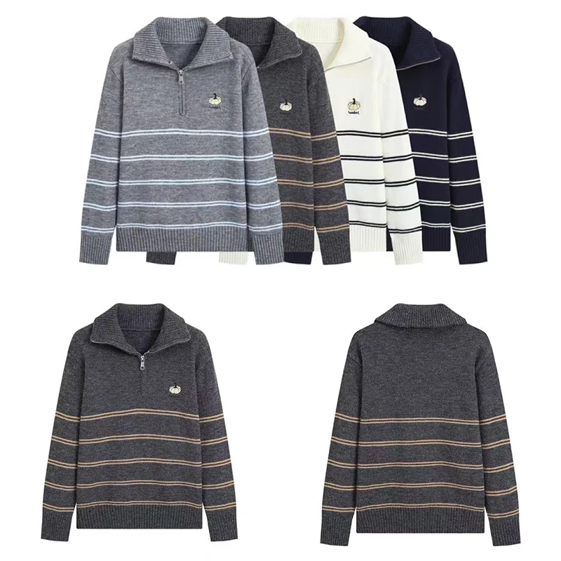 Guobioziy Women Striped Knit Pullover Half Zipper Ribbed Collar Multi-Color Long Sleeve Casual Daily Wear Layering Top Fall Chic