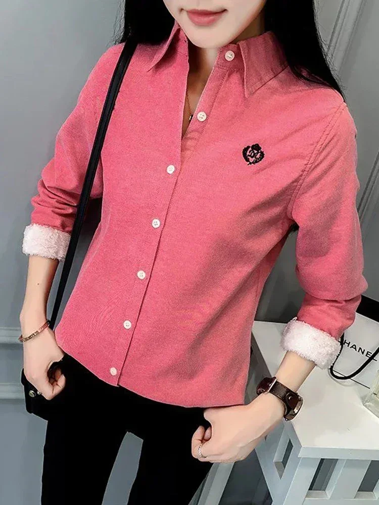 2023 New Women's Blouse Slim Square Collar Shirt Women Solid Warm Long Sleeve Plus Velvet Thick Autumn Winter Bottoming Shirts