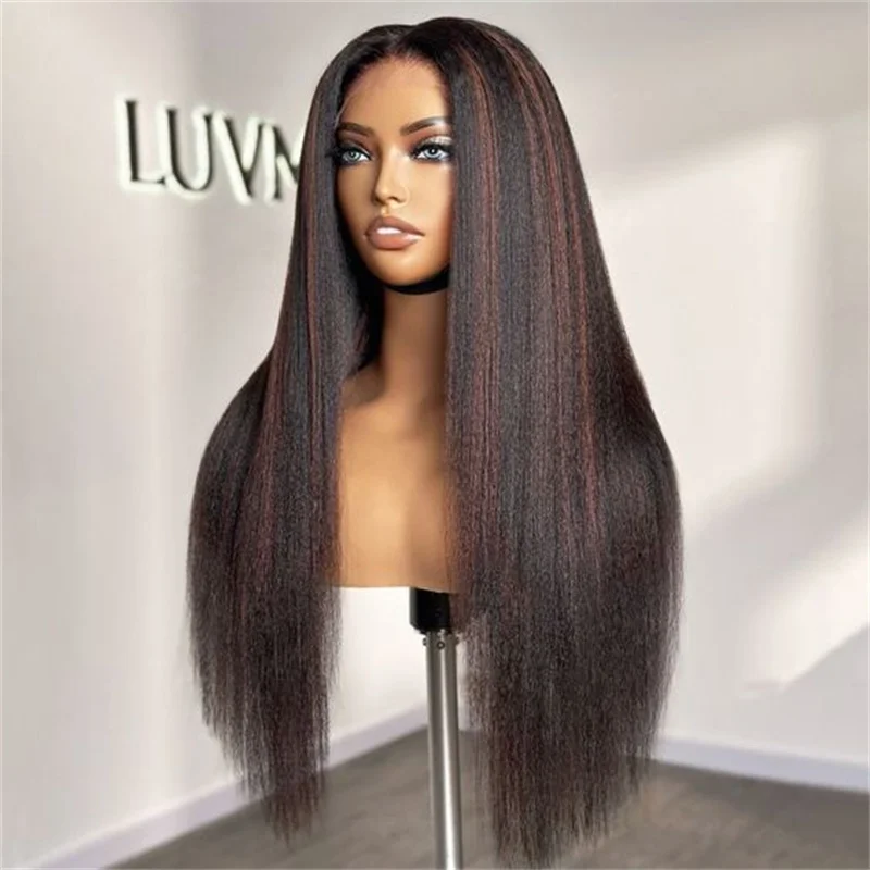 

Yaki Kinky Straight Highlight Brown 30inch Lace Front Wig For Women With Baby Hair Synthetic Preplucked Daily Wig Fashion