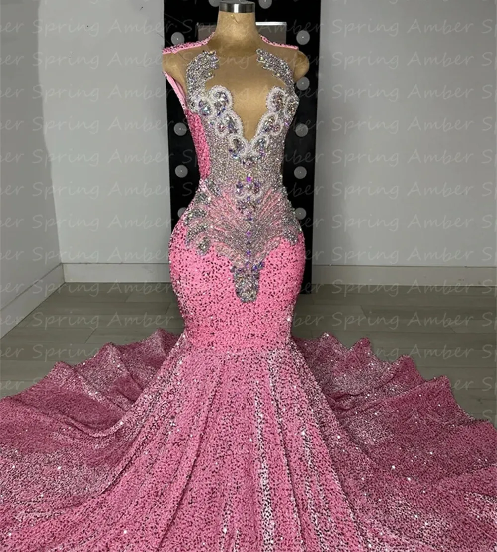 

2024 Designer Prom Dresses Sparkly Crystal Rhinestones Black Girl Formal Graduation Party Gowns Pink Glitter Sequins Mermaid Ric