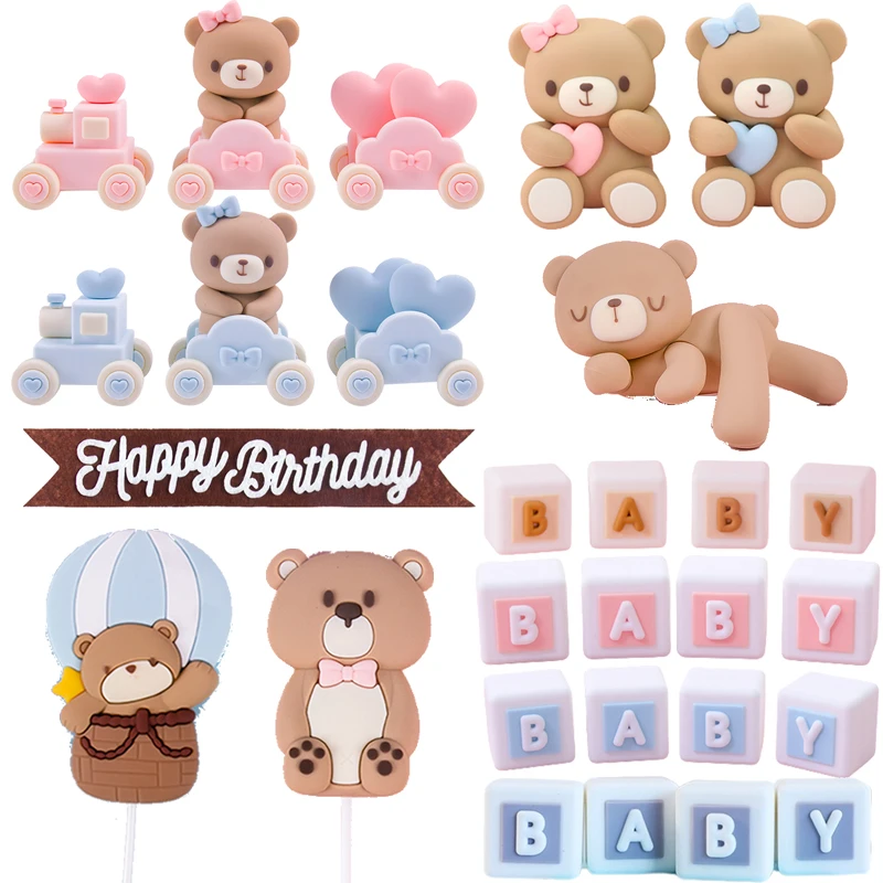 Pink Blue Bow Bear Train Doll Cake Decoration Kids Party Cake Topper Baby Boy Girl 1st Birthday Cake Topper Baby Shower Supplies