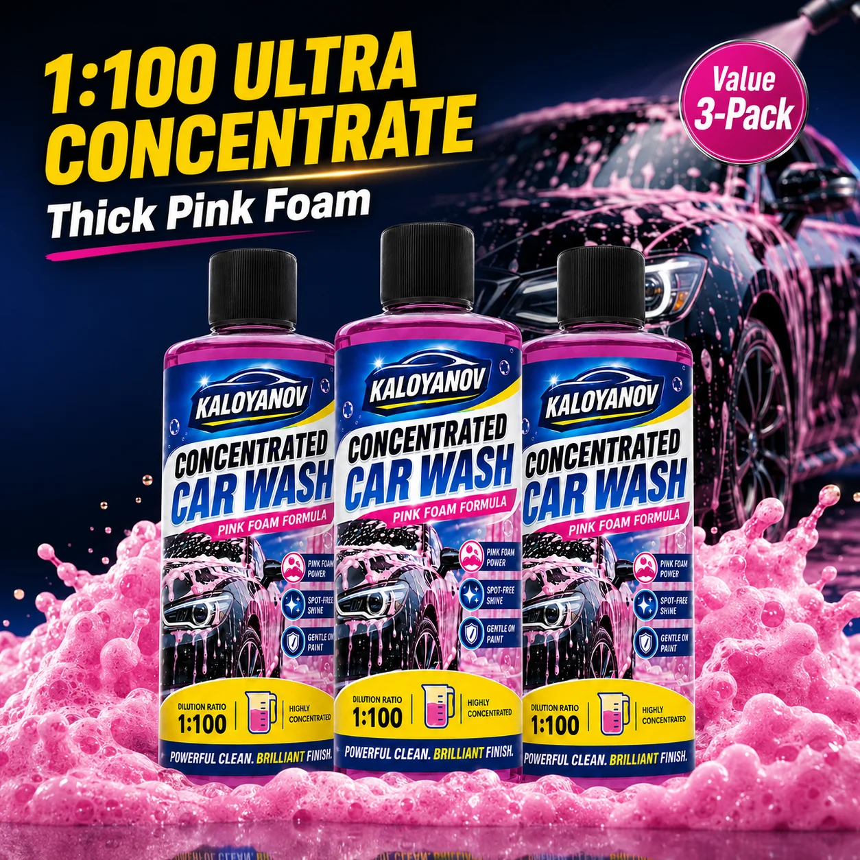 1:100 Concentrated Pink Foam Car Wash: High-Foaming Formula Safely Lifts Dirt, Grime and Tough Residues for an Exceptional Clean