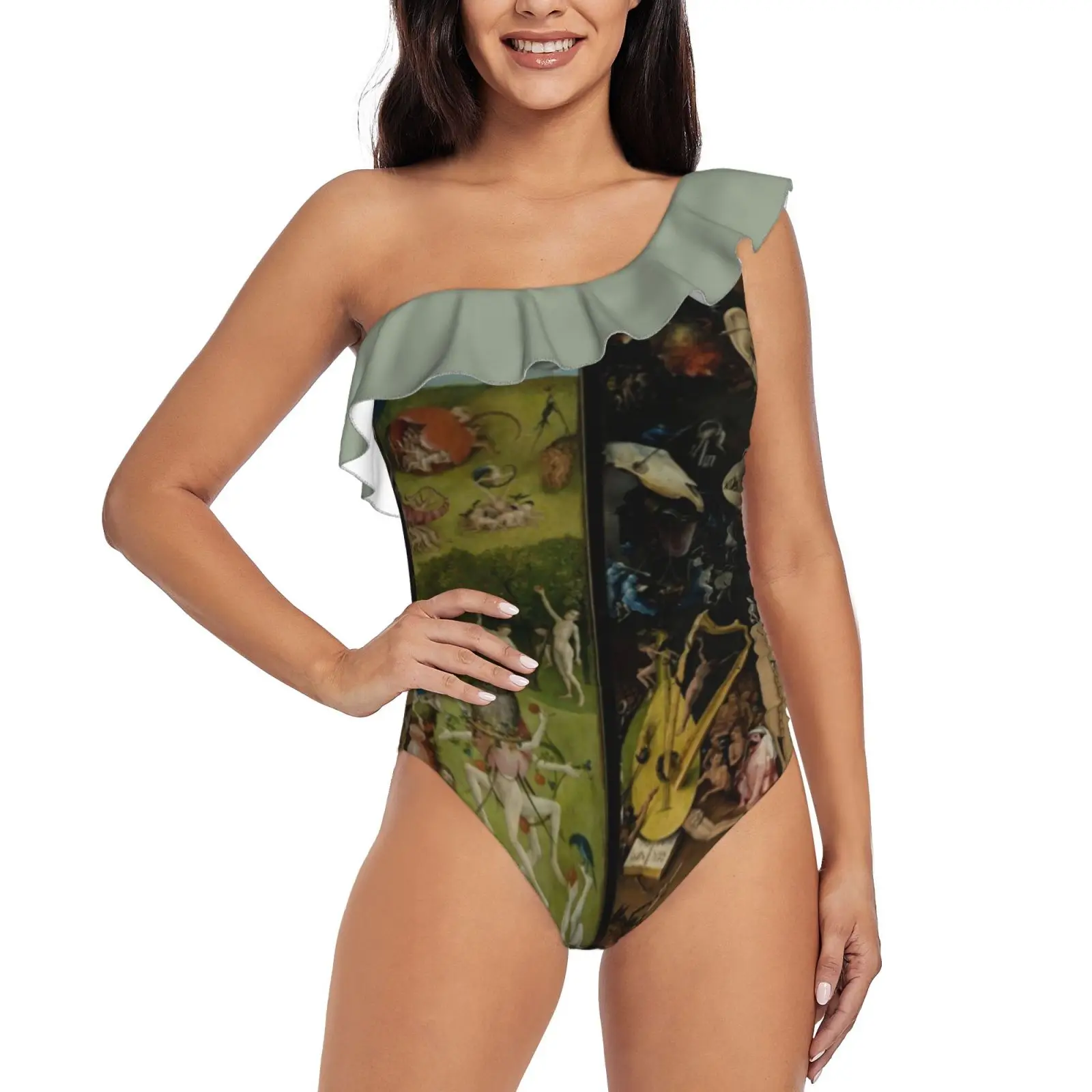 

The Garden Of Earthly Delights ( 1 )-Hieronymus One-Piece Swimsuit One Shoulder Ruffle Swimsuit Sexy Monokini New Girl Beach