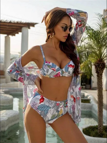 Bikini Gợi Cảm 2022 Phụ Nữ Push Up Đầm In Họa Tiết Hoa 3 Mảnh Bikini Bộ Che Brasil Biquini Đẩy Lên bather Bơi Mặc