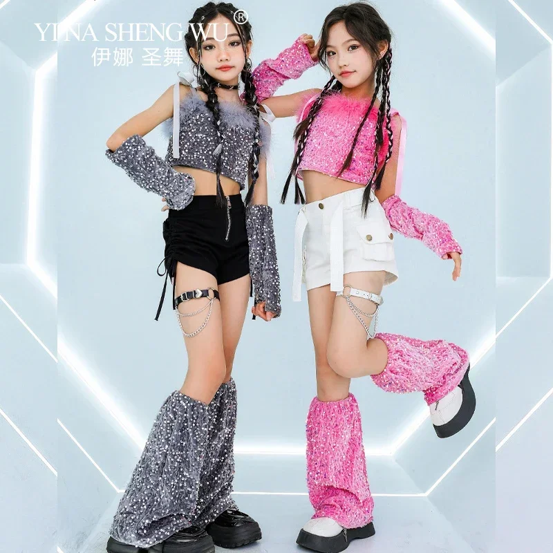 

Новые поступления, костюм для джазовых танцев для девочек, костюм для уличных танцев в стиле хип-хоп, укороченный топ с блестками, шорты, одежда для современного танца, одежда