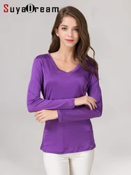 SuyaDream Women's Natural Silk Long Sleeve T-shirt V-Neck Solid Basic Top in Pink Blue Purple - Bottoming Shirt