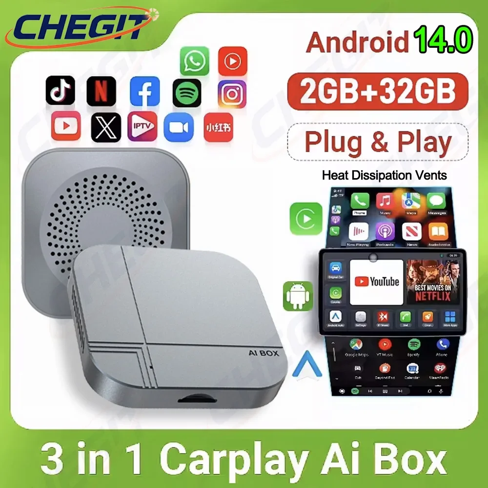 

2026 Android14 Smart Ai Box Android Auto Wireless Carplay Adapter 2+32G 2+16G Car Multimedia Player TV box for YouTube Netflix
