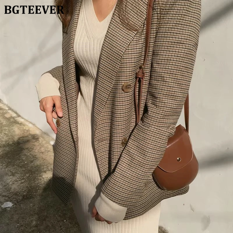 Vintage Double Breasted Office สุภาพสตรีลายสก๊อต Blazer ยาวหลวม Houndstooth เสื้อแจ็คเก็ตผู้หญิงเสื้อแจ็คเก็ตหญิง