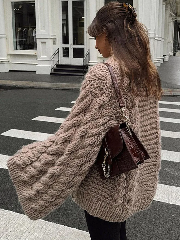 Thick Line Loose Women's Sweater Pullover Fashion Casual Crochet Round Collar Women Sweaters Solid Color Autumn New Knitwear