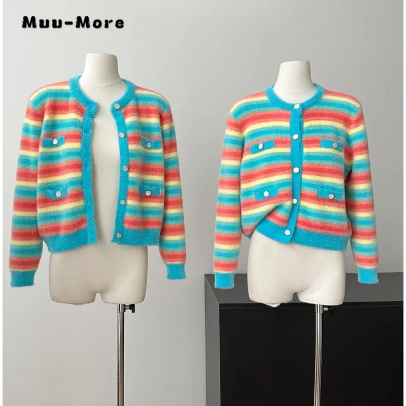 

Women Vintage Y2K Rainbow Print Knitting Long Sleeve O-Neck Cardigans 2023 Winter Korean Fashion Casual Single Breasted Sweater