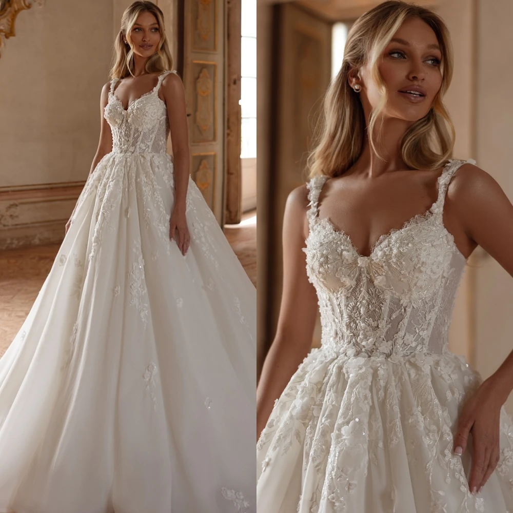 Customized Exquisite Appliques and Sequined Wedding Dress Classic Chapel Train Lace Up Back Bridal Gowns Formal Vestido De Novia