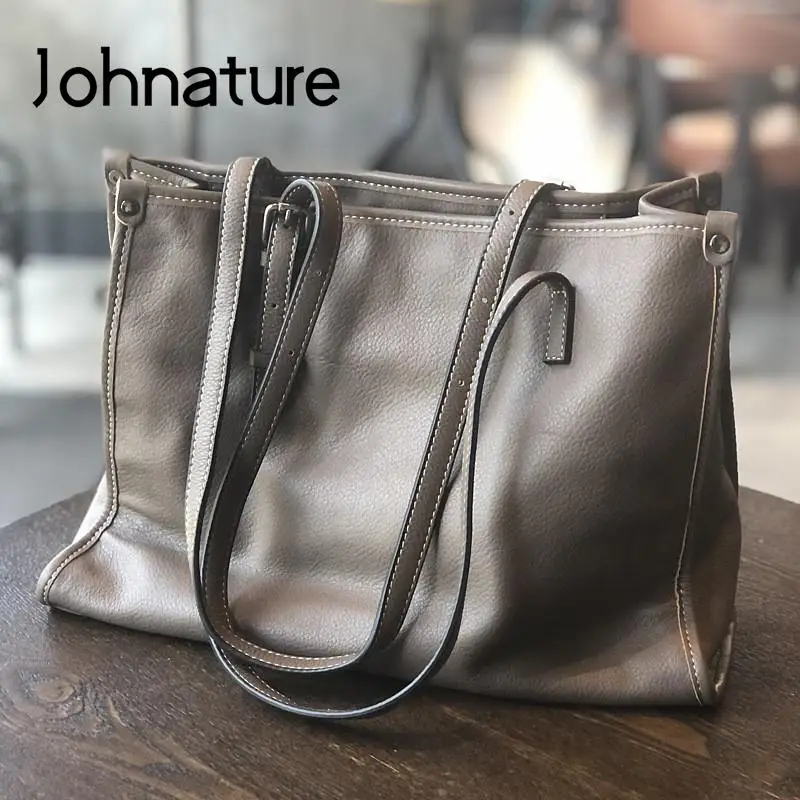 Johnature Genuine Leather Tote Bag Women Autumn Winter 2024 New Fashion Large Capacity Commuter Real Cowhide Shoulder Bags